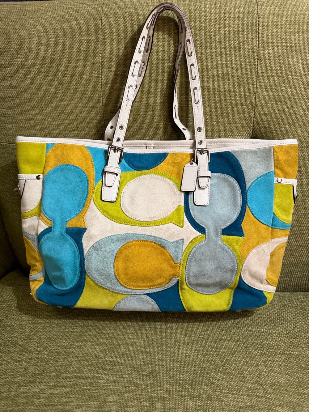 Coach Multicolor Suede Tote with White Leather Handles